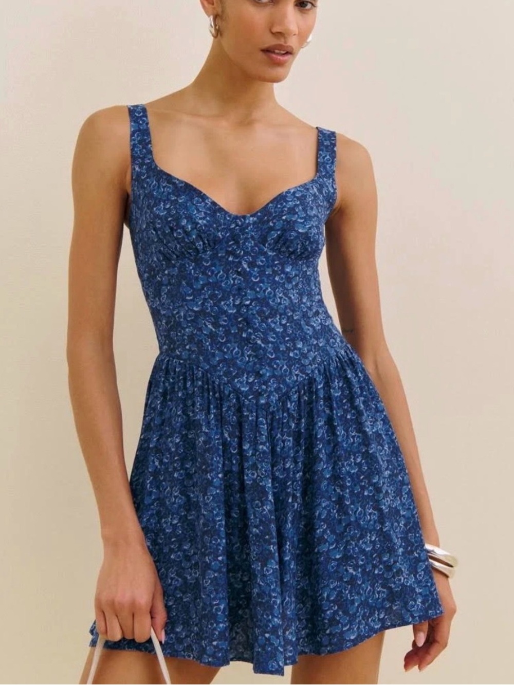 REFORMATION Blue Floral Minidress with Sweetheart Neckline